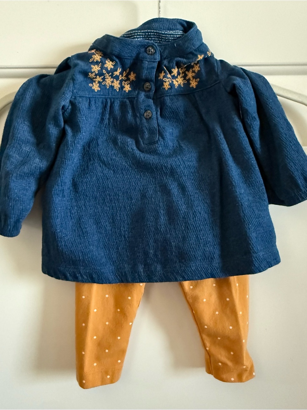 Just One You Blue textured tunic with Mustard Polka Dot Leggings